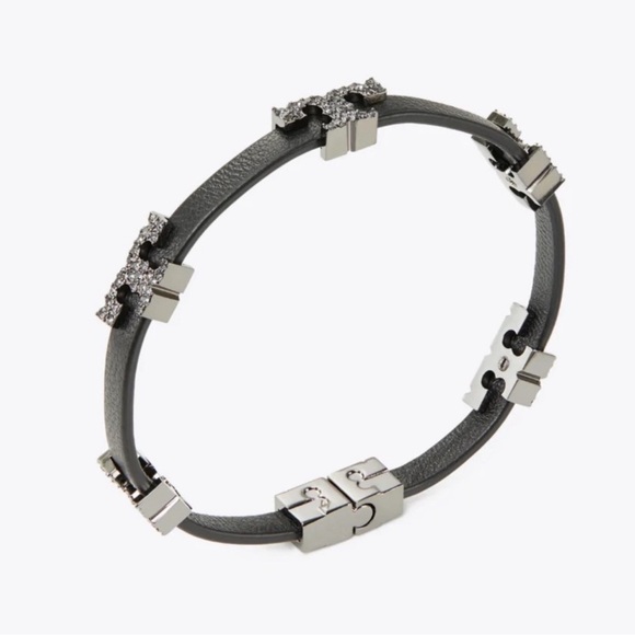 Tory Burch Serif T Bracelet with Pave Stones and Black Leather